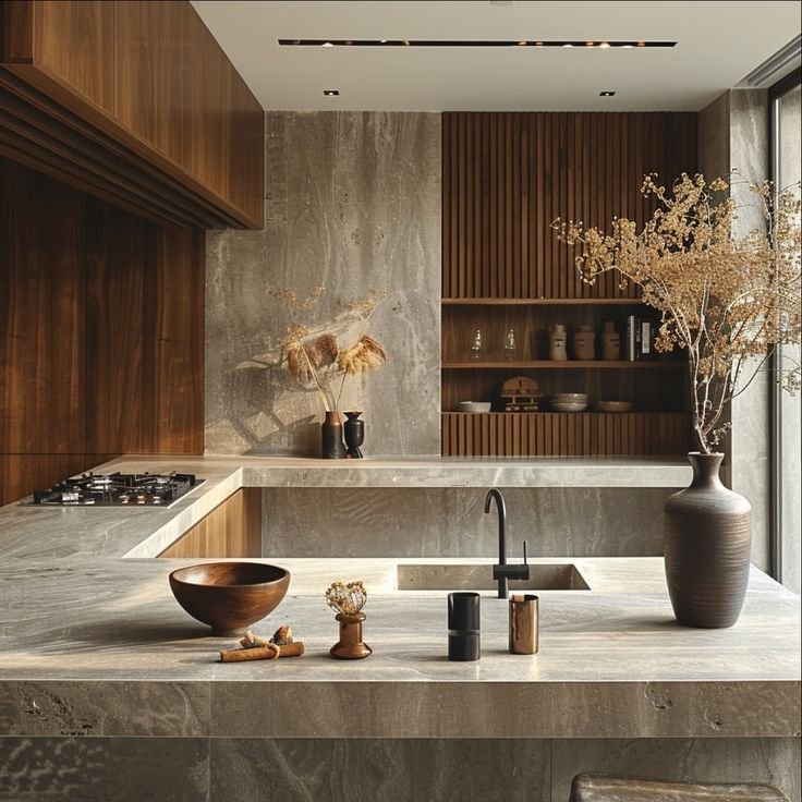 Warm Wood and Stone Contrast Kitchen