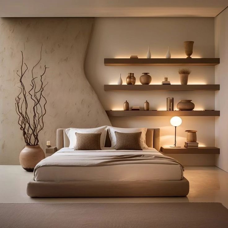 Minimalist Bedroom with Floating Shelves