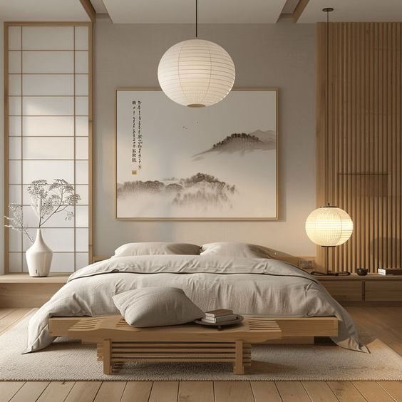 Minimalist Bedroom with Statement Lighting